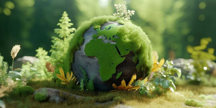 3D render of a globe made out of a rock and moss